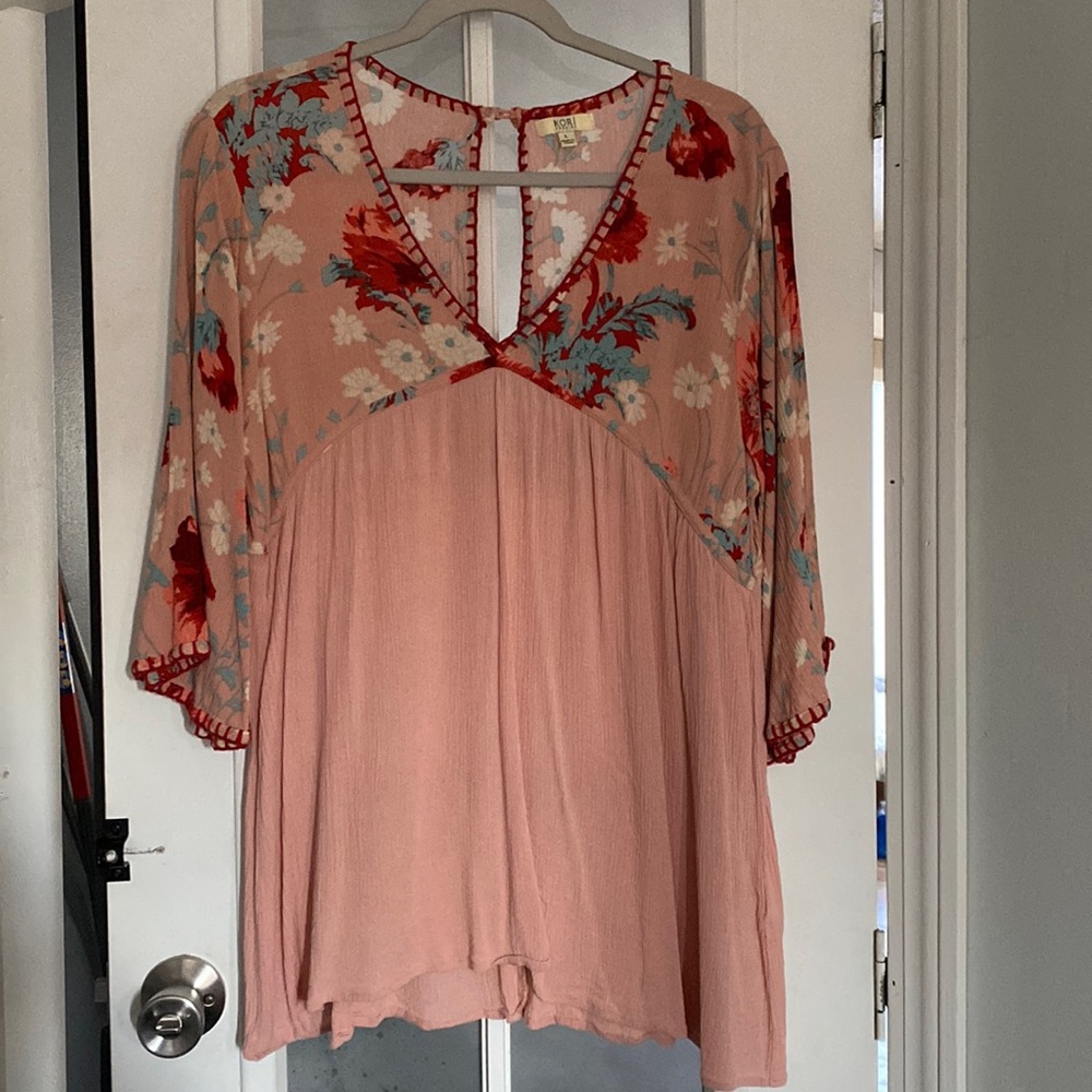 Kori American women’s babydoll style v-neck floral embroidered top